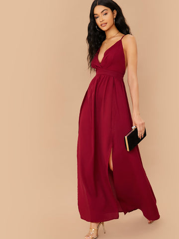 Surplice Neck Crisscross Back Split Thigh Bridesmaid Dress