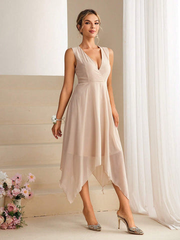Surplice Neck Hanky Hem Bridesmaid Dress