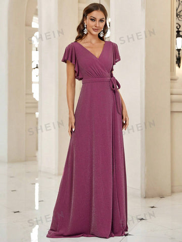 Surplice Neck Knot Side Glitter Bridesmaid Dress