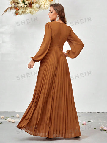 Surplice Neck Lantern Sleeve Pleated Hem Bridesmaid Dress