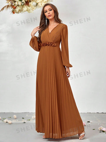 Surplice Neck Lantern Sleeve Pleated Hem Bridesmaid Dress