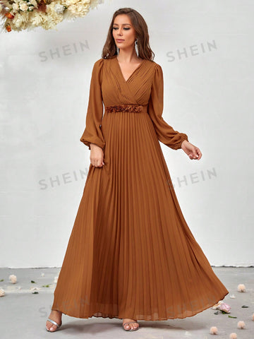 Surplice Neck Lantern Sleeve Pleated Hem Bridesmaid Dress
