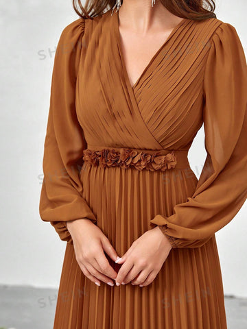 Surplice Neck Lantern Sleeve Pleated Hem Bridesmaid Dress