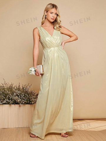 Surplice Neck Ruched Maxi Bridesmaid Dress