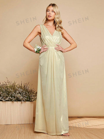 Surplice Neck Ruched Maxi Bridesmaid Dress