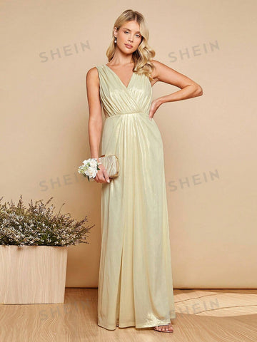 Surplice Neck Ruched Maxi Bridesmaid Dress