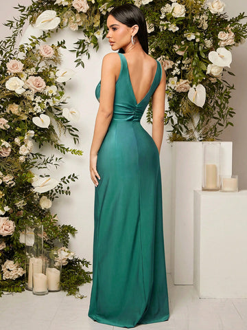 Surplice Neck Split Thigh Bridesmaid Dress