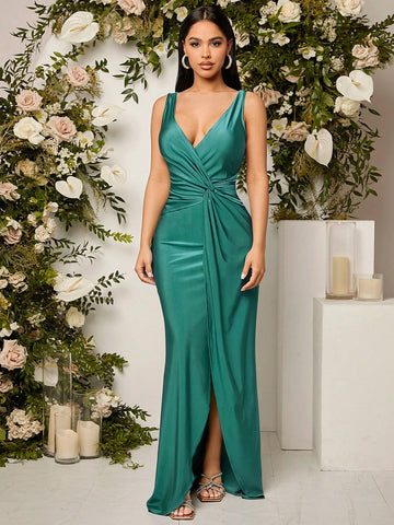 Surplice Neck Split Thigh Bridesmaid Dress