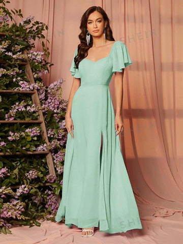 Sweetheart Neck Butterfly Sleeve Split Thigh Bridesmaid Dress