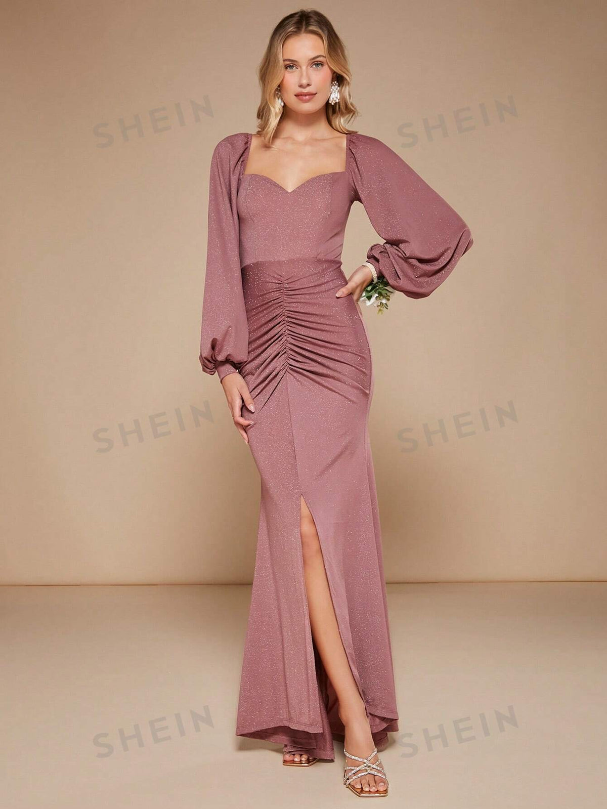Sweetheart Neck Lantern Sleeve Ruched Split Thigh Glitter Bridesmaid Dress