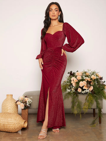 Sweetheart Neck Lantern Sleeve Ruched Split Thigh Glitter Bridesmaid Dress