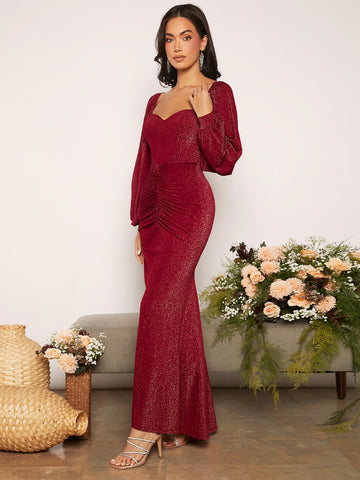 Sweetheart Neck Lantern Sleeve Ruched Split Thigh Glitter Bridesmaid Dress