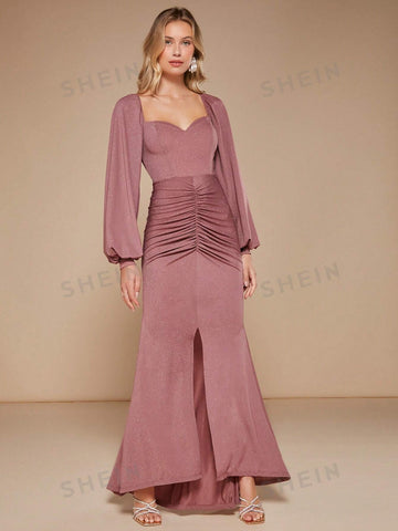 Sweetheart Neck Lantern Sleeve Ruched Split Thigh Glitter Bridesmaid Dress