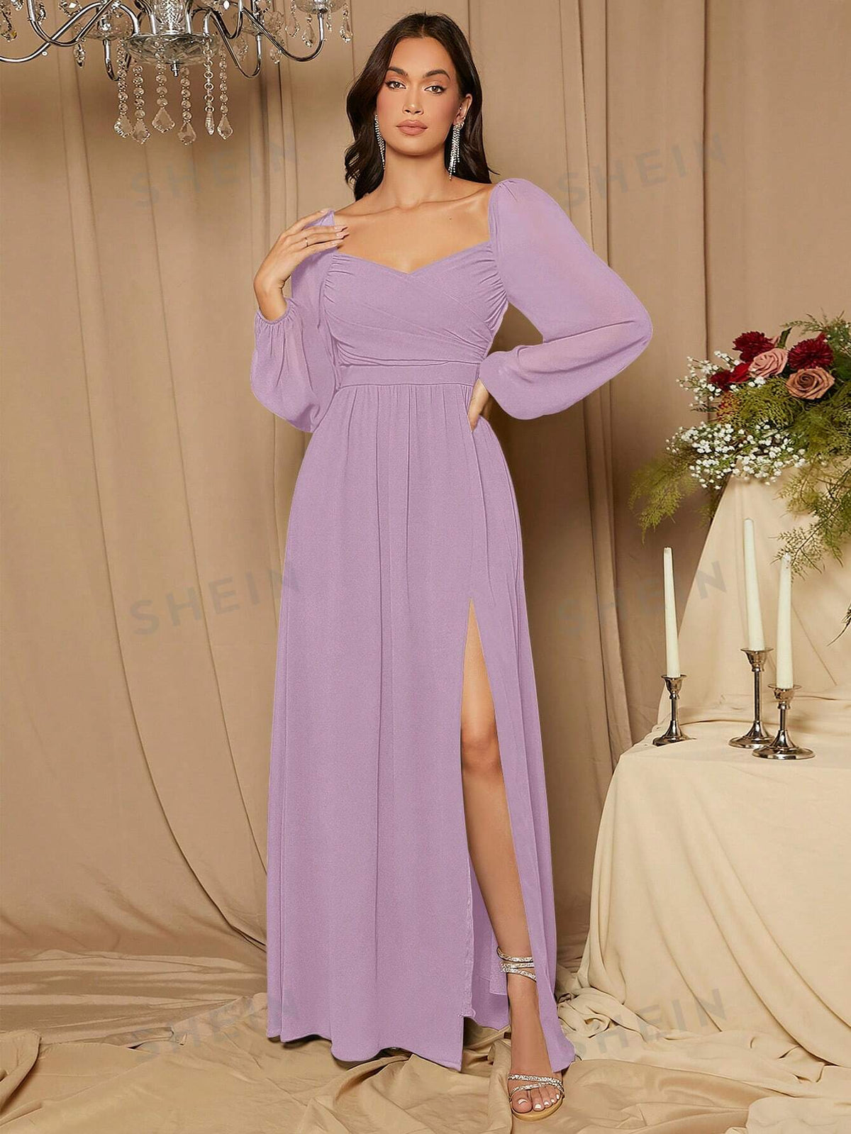 Sweetheart Neck Lantern Sleeve Split Thigh Bridesmaid Dress