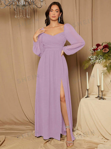 Sweetheart Neck Lantern Sleeve Split Thigh Bridesmaid Dress