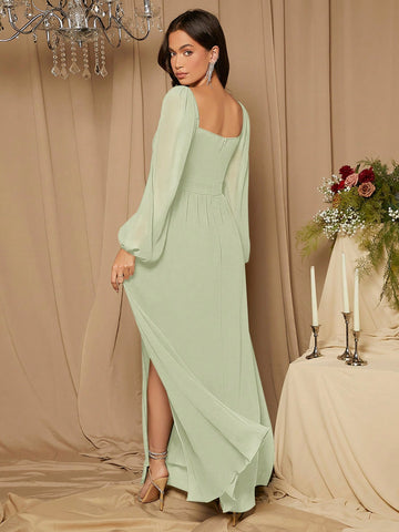 Sweetheart Neck Lantern Sleeve Split Thigh Bridesmaid Dress
