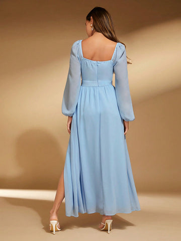 Sweetheart Neck Lantern Sleeve Split Thigh Bridesmaid Dress