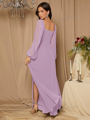Sweetheart Neck Lantern Sleeve Split Thigh Bridesmaid Dress