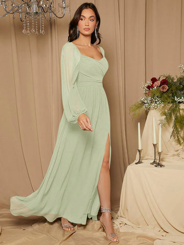Sweetheart Neck Lantern Sleeve Split Thigh Bridesmaid Dress