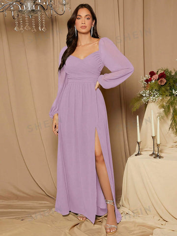 Sweetheart Neck Lantern Sleeve Split Thigh Bridesmaid Dress