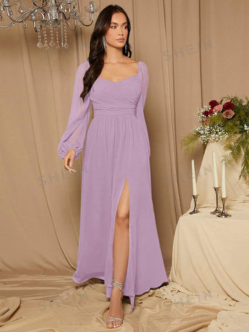 Sweetheart Neck Lantern Sleeve Split Thigh Bridesmaid Dress
