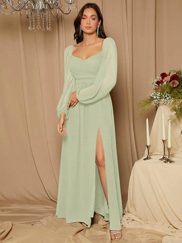 Sweetheart Neck Lantern Sleeve Split Thigh Bridesmaid Dress
