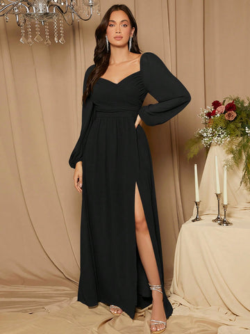Sweetheart Neck Lantern Sleeve Split Thigh Bridesmaid Dress