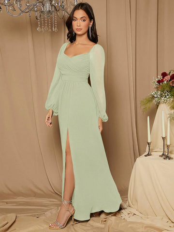 Sweetheart Neck Lantern Sleeve Split Thigh Bridesmaid Dress