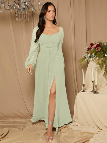 Sweetheart Neck Lantern Sleeve Split Thigh Bridesmaid Dress
