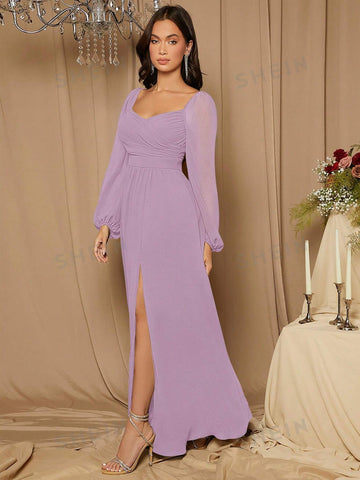 Sweetheart Neck Lantern Sleeve Split Thigh Bridesmaid Dress