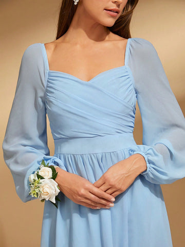 Sweetheart Neck Lantern Sleeve Split Thigh Bridesmaid Dress