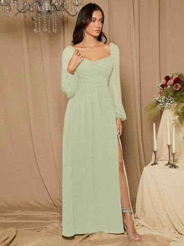 Sweetheart Neck Lantern Sleeve Split Thigh Bridesmaid Dress