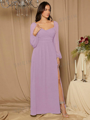 Sweetheart Neck Lantern Sleeve Split Thigh Bridesmaid Dress