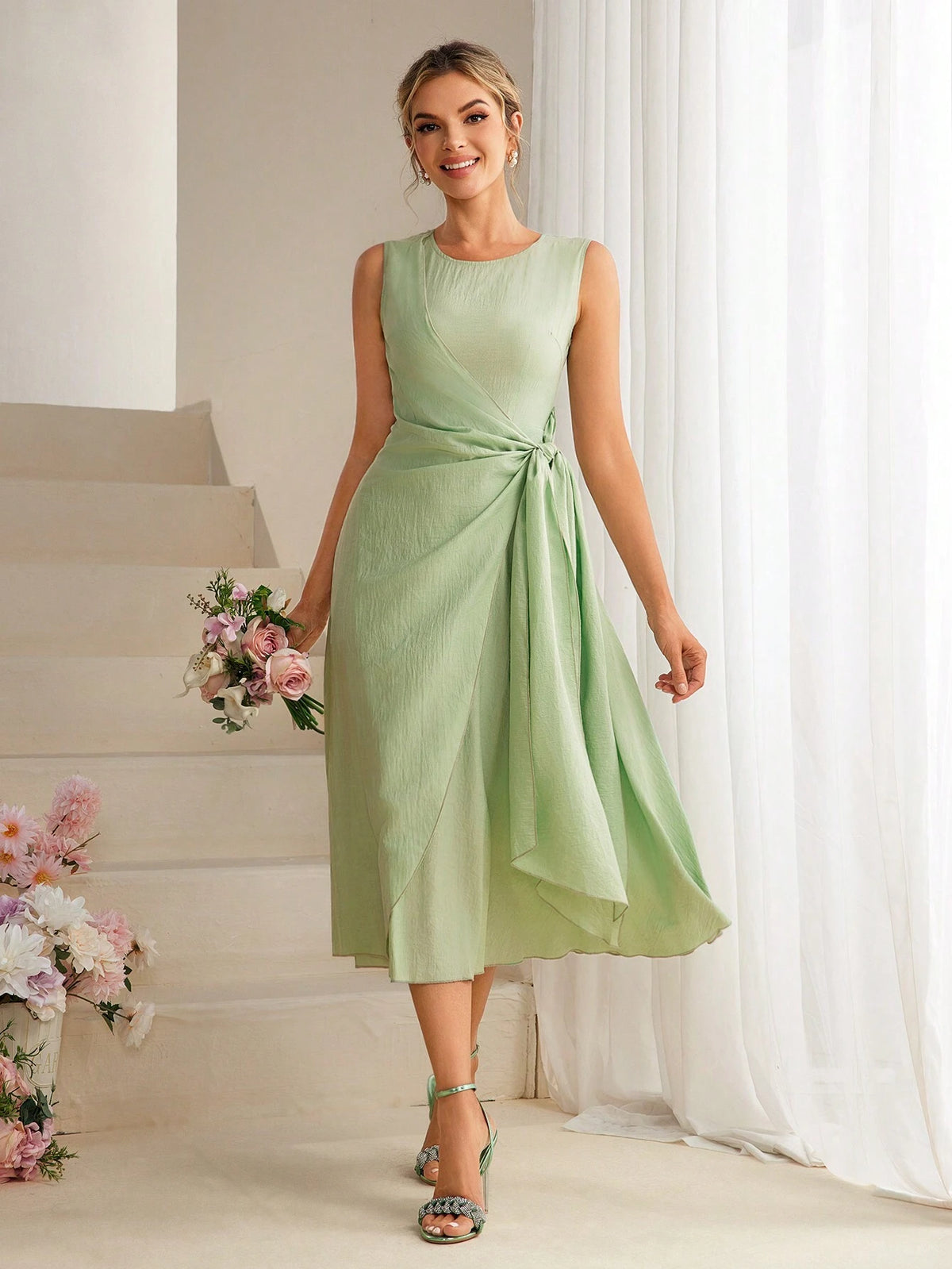 Textured Strap Sleeveless Bridesmaid Dress