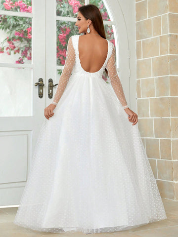 Three-Dimensional Flower U-Shaped Backless See-Through Long-Sleeved Wedding Dress With Full Swing
