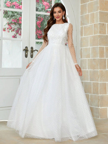Three-Dimensional Flower U-Shaped Backless See-Through Long-Sleeved Wedding Dress With Full Swing