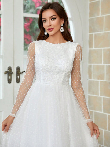 Three-Dimensional Flower U-Shaped Backless See-Through Long-Sleeved Wedding Dress With Full Swing