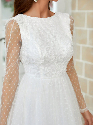 Three-Dimensional Flower U-Shaped Backless See-Through Long-Sleeved Wedding Dress With Full Swing