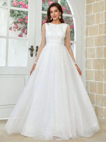 Three-Dimensional Flower U-Shaped Backless See-Through Long-Sleeved Wedding Dress With Full Swing