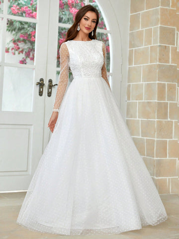 Three-Dimensional Flower U-Shaped Backless See-Through Long-Sleeved Wedding Dress With Full Swing
