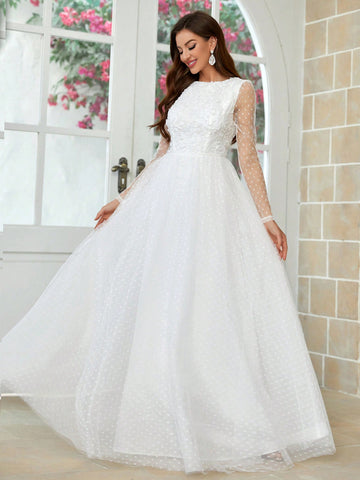 Three-Dimensional Flower U-Shaped Backless See-Through Long-Sleeved Wedding Dress With Full Swing