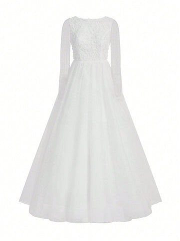 Three-Dimensional Flower U-Shaped Backless See-Through Long-Sleeved Wedding Dress With Full Swing