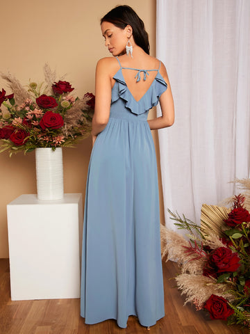 Tie Back Ruffle Trim Split Thigh Bridesmaid Dress