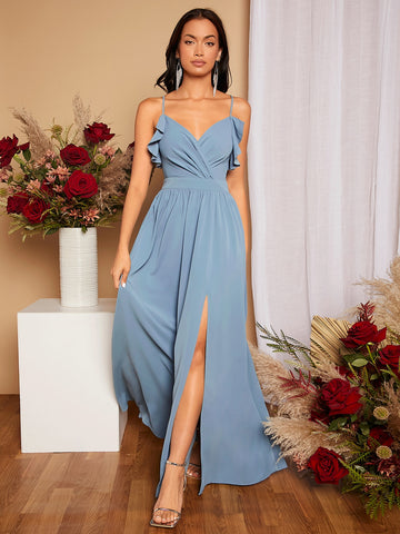 Tie Back Ruffle Trim Split Thigh Bridesmaid Dress