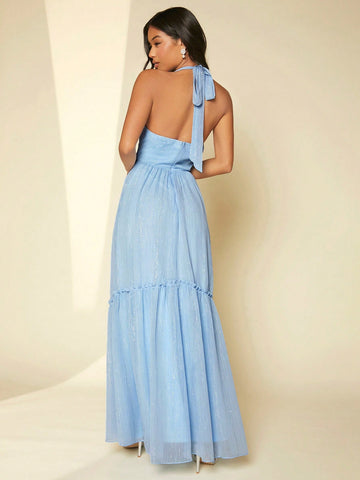 Tie Backless Ruffle Hem Halter Neck Bridesmaid Dress