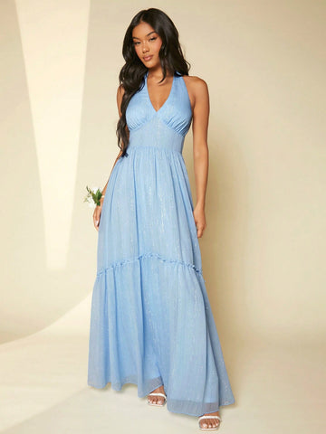 Tie Backless Ruffle Hem Halter Neck Bridesmaid Dress