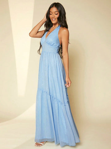 Tie Backless Ruffle Hem Halter Neck Bridesmaid Dress