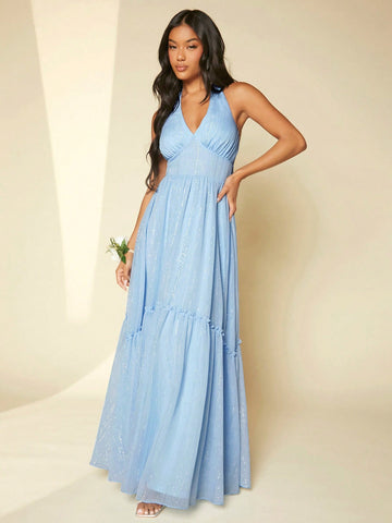 Tie Backless Ruffle Hem Halter Neck Bridesmaid Dress