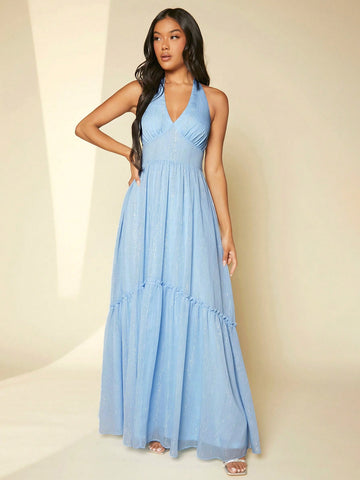 Tie Backless Ruffle Hem Halter Neck Bridesmaid Dress
