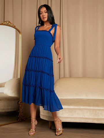 Tie Shoulder Frill Trim Ruffle Hem Chiffon Cami Bridesmaid Dress